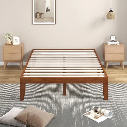 Vista 23 de COSTWAY Marco de cama de plataforma tamaño King, base de colchón de madera de goma maciza de 14 pulgadas con soporte de listones resistentes, marco