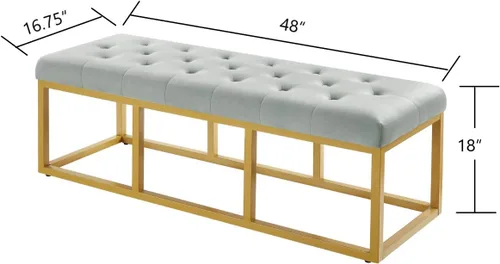 Vista 2 de 24KF Banco largo tapizado con patas de metal dorado, banco de terciopelo gris con asiento acolchado, gris