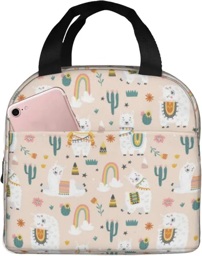 Vista 14 de Lonchera con diseño de llama y cactus rosa para mujeres y hombres, reutilizable, con aislamiento de llamas, contenedor con bolsillo frontal