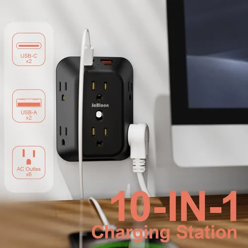 Vista 2 de Cargador de Pared USB Extensor de Toma Eléctrica, Protector contra Sobretensiones, Divisor de 6 Tomas con 4 Puertos USB (2USB A, 2USB C) Regleta