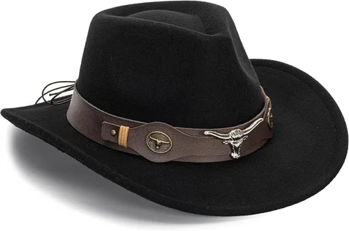 Vista 10 de Sombrero de vaquero occidental para hombres y mujeres, sombrero clásico enrollable con cinturón con hebilla (tamaño mediano)