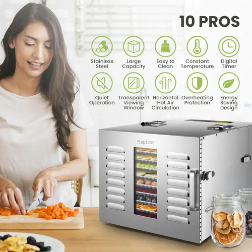 Vista 6 de Máquina deshidratadora de alimentos de 10 bandejas comerciales para cecina y hierbas, área utilizable de hasta 24.65 pies² y temperatura de 194℉