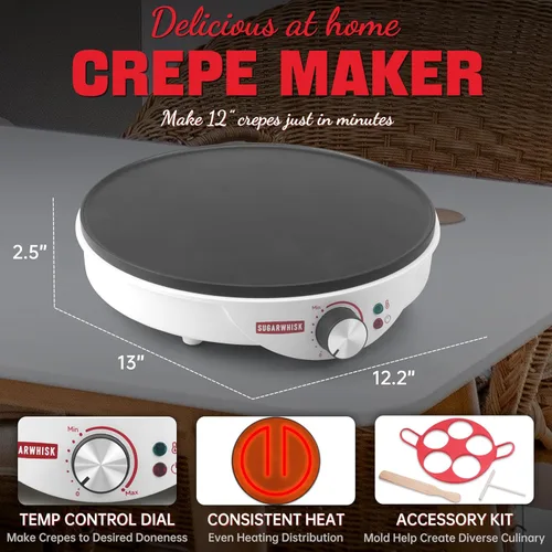Vista 3 de SugarWhisk Crepe Maker Eléctrico, sartén para crepes de 12 pulgadas con 5 moldes de silicona de 4", máquina para hacer panqueques para panqueques