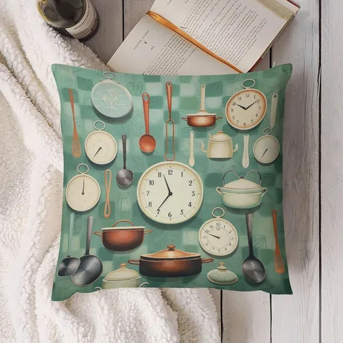 Vista 4 de Pots and Pans, Kitchen Clock and Cooking Art Velvet Square Decorative Throw Pillow Covers 12 "x12 Throw Pillow Covers for Outdoor Home Decor