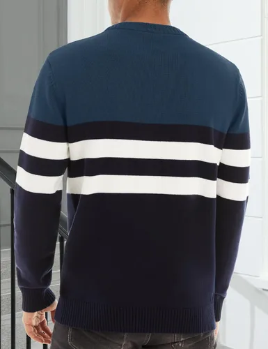 Vista 5 de MAGCOMSEN Suéter de cuello redondo para hombre, con bloques de color, a rayas, suéter de punto térmico suave, suéter de manga larga, suéter casual