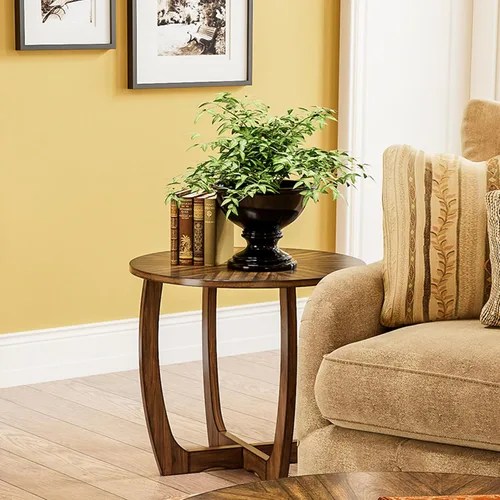 Vista 13 de PADMA HOUSE Mesa de centro redonda de madera con patas curvas, mesa de cóctel de granja para sala de estar, mesa central de madera de círculo