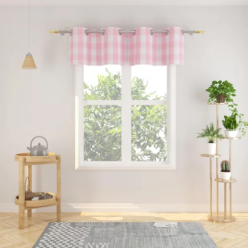 Vista 2 de Juego de 3 cortinas de cocina estilo campirano clásico con ventana de algodón y cenefa con ojales - Set de cenefa y volado a cuadros Buffalo en rosa