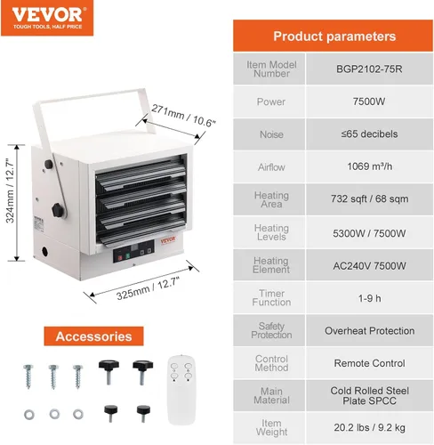 Vista 16 de VEVOR Electric Garage Heater, 10000-Watt Digital Fan-Forced Wall/Ceiling Mount Shop Heater, with Remote Control Overheat Protection, Hardwired with