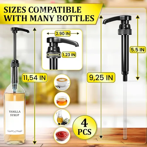 Vista 2 de Juego de 4 dispensadores de jarabe de café, bombas de jarabe para cafetería, botellas de 25.4 fl oz con tubo ajustable de plástico de grado