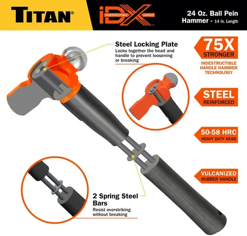 Vista 2 de Titan iDX 63624 Martillo de bola de 24 onzas con mango indestructible de 14 pulgadas reforzado con placas de bloqueo de acero y barras de acero