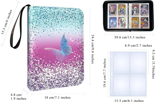 Vista 4 de Carpeta de tarjetas coleccionables para 4 bolsillos, 480 tarjetas con 60 fundas extraíbles con cremallera de protección, pulsera de fácil