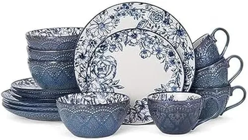 Pfaltzgraff Gabriela Blue - Juego de vajilla de 16 piezas, servicio para 4, platos, tazones y tazas de gres duradero con elegante patrón azul, apto