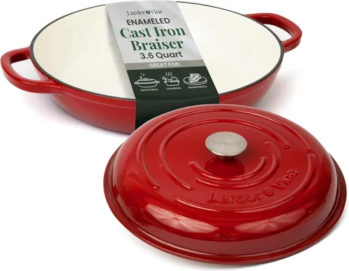 Vista 11 de Larder & Vine Brasera de hierro fundido esmaltado Sartén brasera de 3.6 cuartos con tapa Horno holandés poco profundo compatible con todas