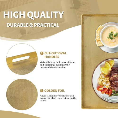 Vista 3 de MAONAME Bandeja Decorativa Dorada con Asas, Bandeja de Servir de Papel Aluminio para Otomana, Bandejas de Café Rectangulares para Sala de Estar