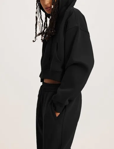 Vista 2 de Flygo Conjunto deportivo de 2 piezas de forro polar para mujer, sudadera corta, sudadera y pantalones deportivos