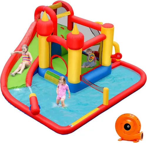 Vista 11 de BOUNTECH - Castillo inflable 9 en 1, tobogán de agua con zona de salto, pared de escalada, cañón de agua, piscina de salpicaduras, túnel, incluye