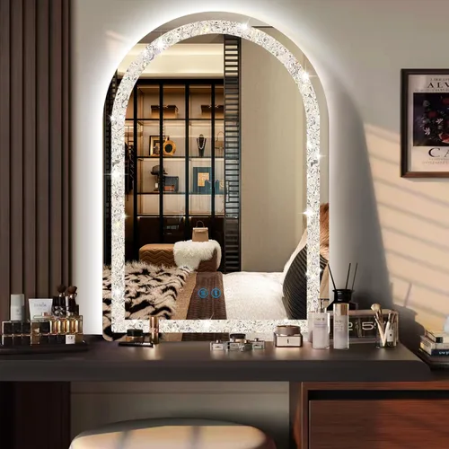 Vista 5 de Espejo de arco LED de cristal con luces de 30 x 20 pulgadas, espejo de arco iluminado para baño, pared, mesa, escritorio, espejo de tocador arqueado