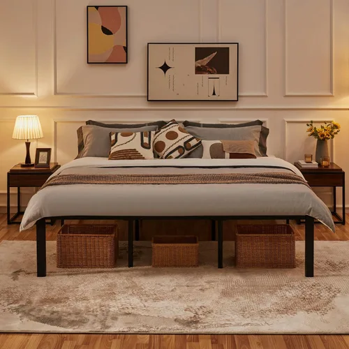 Vista 4 de Yaheetech Base de cama King con espacio de almacenamiento, no necesita somier, potente espacio de almacenamiento de 18 pulgadas, soporte de listones