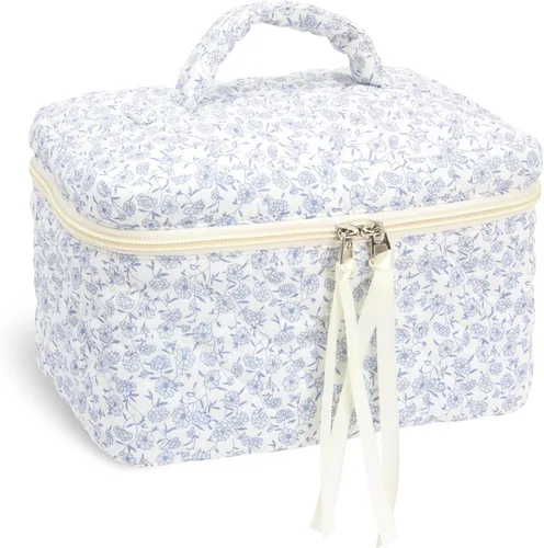 Vista 23 de PAZIMIIK - Bolsa de maquillaje de algodón para mujer, grande, acolchada para viaje, Rosa (Bow Pink), Vintage Cute Zipper Makeup Organizer for