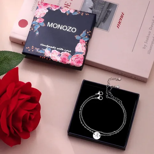 Vista 7 de Pulseras de plata con iniciales para mujeres y adolescentes, con relleno de oro blanco de 14 quilates, con letra inicial en capas, delicadas