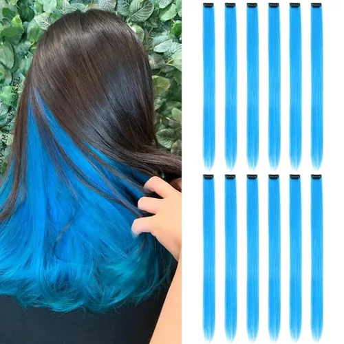 Vista 8 de 13 extensiones de cabello sintético con clip de colores de 20 pulgadas, multicolores, lacio, con clip, para mujer, para regalo, extensiones de 13