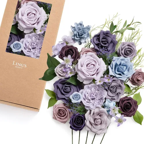 Vista 12 de Ling's moment Caja de flores artificiales, tallos de follaje artificial falso, rosas de espuma, dalia de seda, hierba de pampas, flor de tela