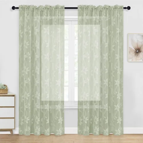 Vista 58 de DWCN Paquete de 2 cortinas traslúcidas pequeñas de encaje floral beige para cocina, cortinas traslúcidas ligeras con bolsillo para barra, cortinas