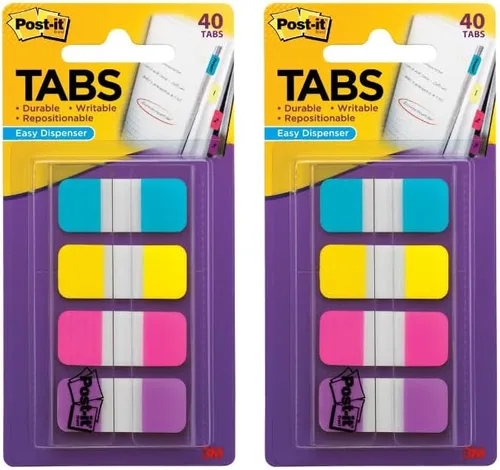 Post-it Pestañas, 0.625 in Sólido, Aguamarilla, Rosa, Violeta, 10/Color, 40/Dispensador (676-AYPV) (paquete de 2)