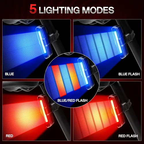 Vista 3 de Bike Tail Light Powerful 110 Lumens - Rear Bike Light 5 Modes Red/Blue, Waterproof IP64, Rechargeable USB-C, Quick Release Brackets for Saddle &