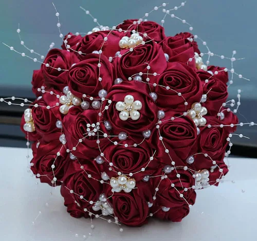 Mini ramo de novia de 5.9 pulgadas hecho a mano de satén rosa redonda ramo de boda lanzamiento lanzamiento ramo de flores artificiales rojo oscuro