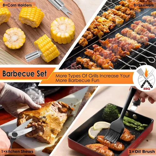 Vista 4 de Yoehka Juego de 34 accesorios de parrilla para barbacoa, herramientas de parrilla resistentes para acampar al aire libre, regalos para hombres