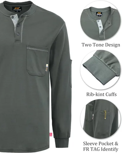 Vista 23 de KONRECO Camisas FR para hombres de manga larga Henley 7oz 100% algodón FRC camisa de soldadura de ropa