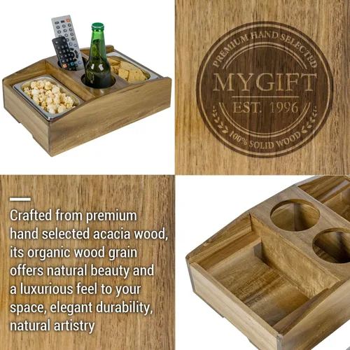 Vista 3 de MyGift Bandeja Portavasos y Organizador de Aperitivos para Sofá, Servidor Premium de Bebidas y Aperitivos de Madera Maciza de Acacia Sólida con 2