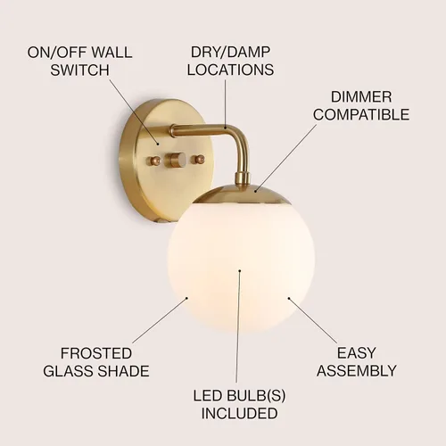 Vista 3 de JONATHAN Y Lámpara de pared moderna con diseño de globo dorado de 5.75 pulgadas para baño, pantalla de vidrio esmerilado blanco, lámpara de pared