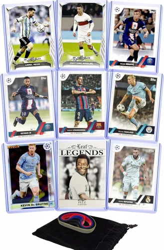 Tarjetas de fútbol: Lionel Messi, Cristiano Ronaldo, Kylian Mbappe, Robert Lewandowski, Erling Haaland, Neymar Jr., Pelé, Karim Benzema, Kevin de