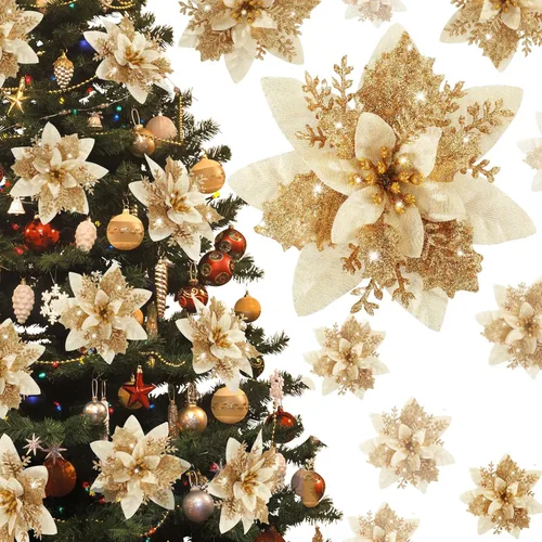 Flores de Pascua de Navidad – 12 piezas artificiales de flor de pascua roja dorada para árbol de Navidad con purpurina para Navidad, Año Nuevo,