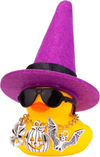 Vista 9 de Adornos de pato de goma para automóvil, decoración de tablero de automóvil de pato amarillo con mini sombrero de bruja, collar de gafas de sol