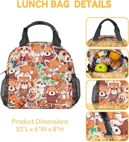 Vista 2 de Bolsas de almuerzo Red Panda – Lonchera Bento reutilizable aislada con bolsillos pequeña marrón linda lonchera para niños – Divertida bolsa
