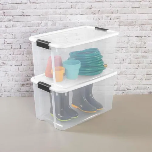 Vista 6 de Sterilite Contenedor apilable de plástico transparente de 70 cuartos de galón con tapa de cierre blanco, solución organizadora para el hogar