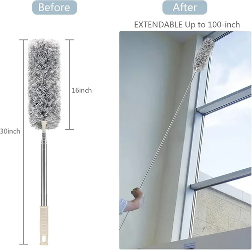 Vista 4 de Plumero de microfibra con poste de extensión (acero inoxidable) de 30 a 100 pulgadas, con cabezal flexible, plumero largo extensible para limpieza