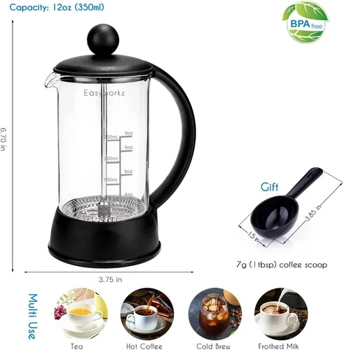 Vista 2 de Easyworkz Eclipse French Press Cafetera de 12 onzas con vidrio de borosilicato