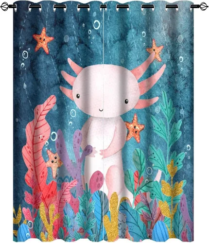 Vista 18 de Cortinas abstractas de ajolote con diseño de galaxia colorida y peces, con aislamiento térmico, oscurecimiento de habitación completa, para sala