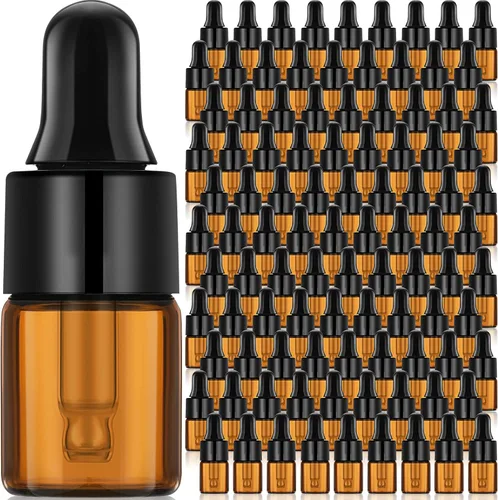 Vista 8 de Nuogo 100 mini botellas de vidrio ámbar con cuentagotas de aceite a granel, transparente esencial, pequeño frasco de muestra vacío con cuentagotas