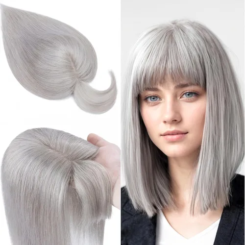 Vista 19 de SEGO Toppers de cabello humano 100% real, con flequillo de aire, base de seda 150% de densidad, topper con clip, 2.7 x 5.1 pulgadas, piezas