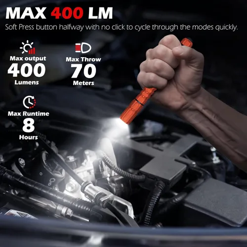Vista 3 de FORTO Linterna de luz recargable para bolígrafo, linterna de bolsillo pequeña de 400 lúmenes con clip, IP67 impermeable, 2 modos de luz, indicador