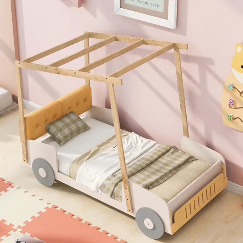 Vista 49 de Cama de plataforma en forma de auto de carreras de tamaño individual con ruedas, marco de cama de plataforma de madera con dos asientos y soporte