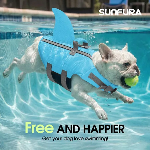 Vista 2 de Chaleco salvavidas para perros de tiburón, chaleco salvavidas ajustable con alta flotabilidad, salvavidas de seguridad con asa de rescate para Azul