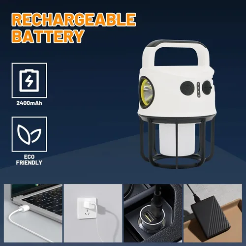 Vista 6 de Linterna de camping con linterna recargable, banco de energía, IPX4 impermeable, cable USB-C, luz LED de tienda de campaña para foco, camping