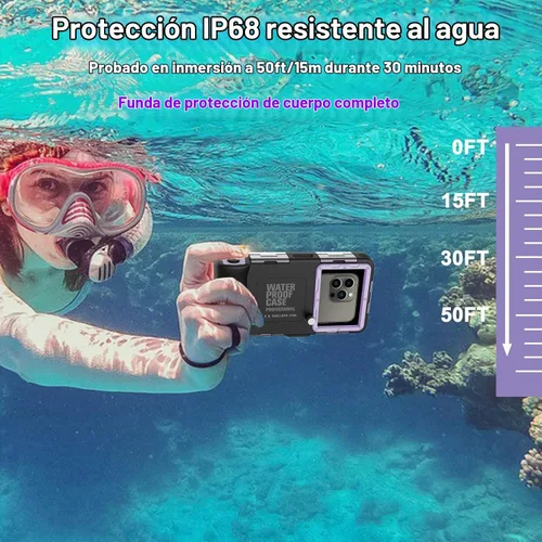 Vista 2 de Funda de teléfono de buceo subacuático para esnórquel, profesional de 50 Violeta Negro