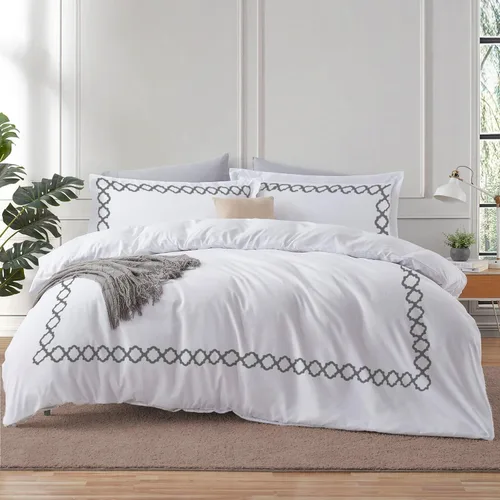 Vista 17 de BedDecor: Enchanted Oasis - Juego de funda de edredón de 3 piezas de 600 hilos de algodón egipcio con bordado de cuadrifolio, ultra suave